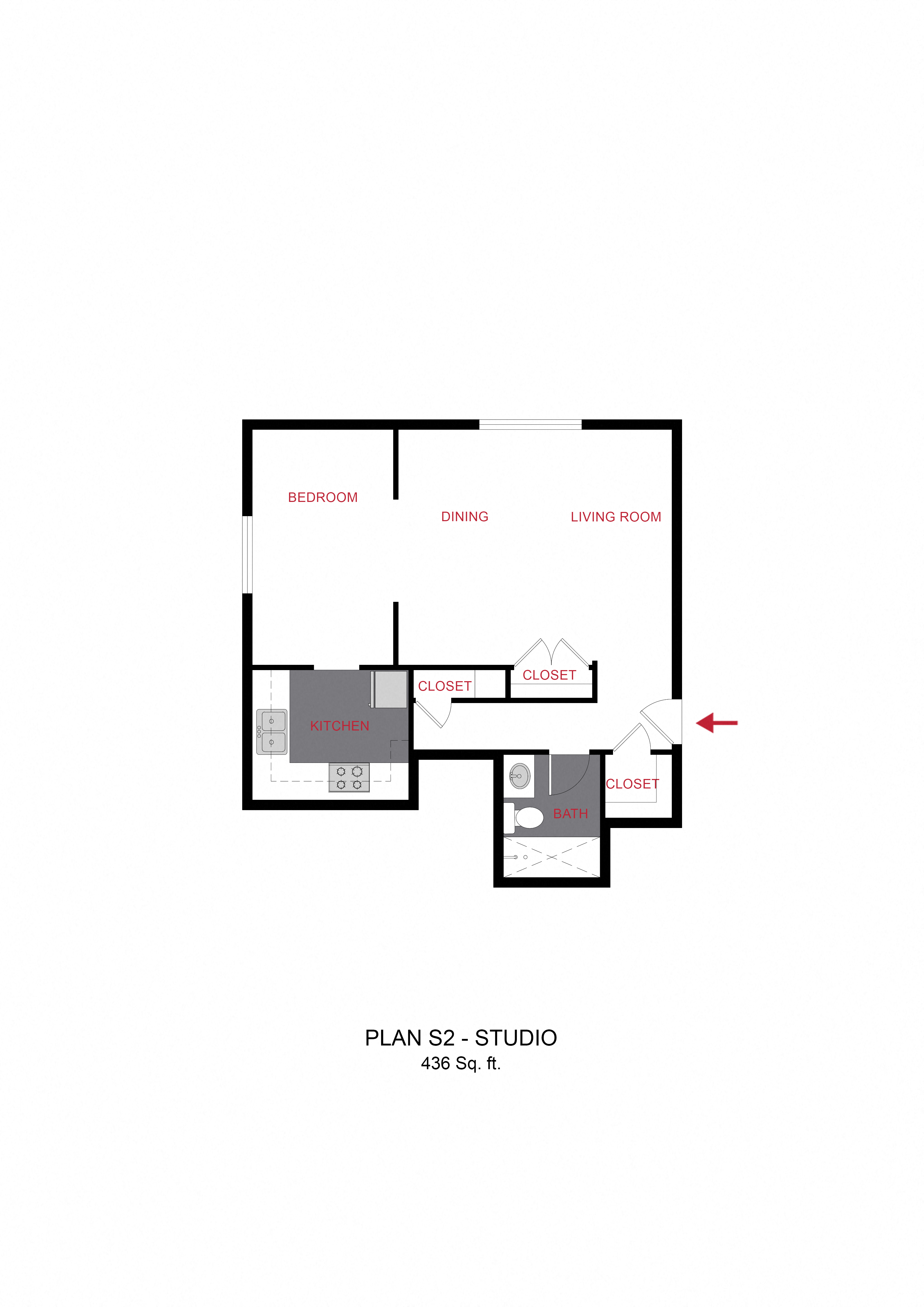 Floor plan for studio, 1 bath, 436 sqft